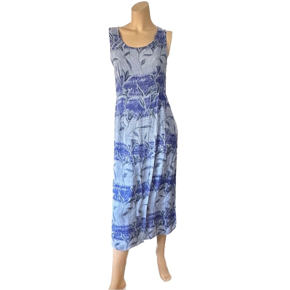 Sud Express Blue Floral Midi Dress Faux Wrap Size Medium Boho Vacation Cabin